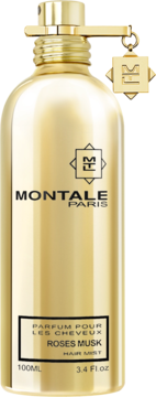 Złota butelka Montale Roses Musk Hair Mist 100ml, widok z przodu, z czarnym napisem i złotą zawieszką M.