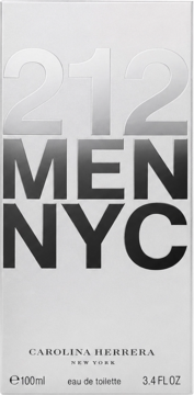 Opakowanie Carolina Herrera 212 Men NYC 100ml EDT, srebrno-szare z metalicznymi napisami, widok z przodu.