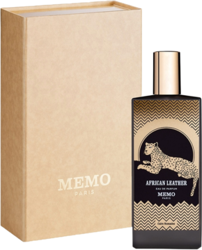 Memo Paris African Leather: czarna butelka perfum z gepardem i beżowym pudełkiem. Pikantny, skórzany zapach.
