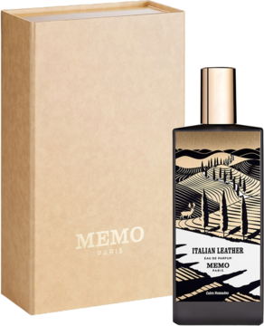 Memo Paris Italian Leather, ciemna butelka perfum z grafiką toskańskich wzgórz i beżowe pudełko.