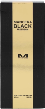 Czarne pudełko perfum Mancera Black Prestigium Eau de Parfum 120ml ze złotym paskiem, widok z przodu.