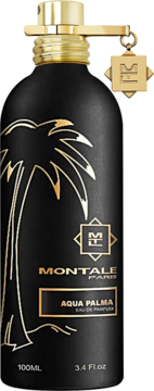Montale Aqua Palma, czarny matowy flakon perfum ze złotym korkiem, detalami, logo i grafiką palmy.