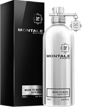 Metalowy srebrny flakon Montale Musk to Musk EDP, piżmowo-drzewne, obok czarnego pudełka, widok z przodu.