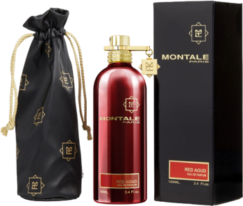 Montale Red Aoud: czerwone perfumy, czarny woreczek i pudełko, widok z przodu. Flakon metaliczny.