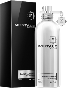 Montale Sandflowers EDP 100ml: srebrny flakon z atomizerem i czarne opakowanie z logo, widok z przodu pod kątem.