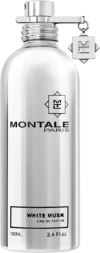 Srebrna aluminiowa butelka Montale White Musk EDP 100ml z czarnym napisem, metalowym klipsem i logo. Widok z przodu.