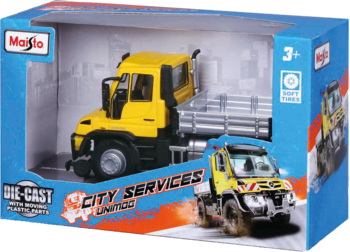 Żółta ciężarówka Maisto Unimog City Services die-cast, w niebieskim pudełku z oknem, widok z boku.
