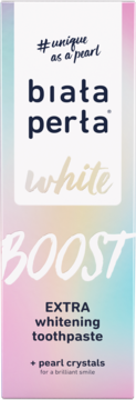 Biała Perła White Boost, wybielająca pasta do zębów z kryształkami pereł, widok z przodu opakowania.