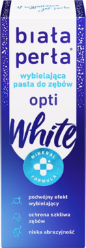 Biała Perła Opti White wybielająca pasta do zębów w białym opakowaniu z niebieskimi akcentami, widok z przodu.