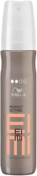 Wella Eimi Perfect Setting lotion w szarej butelce z białą nakładką, logo Wella, 3 kropki, z przodu.