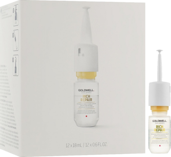 Goldwell Dualsenses Rich Repair serum, białe opakowanie i fiolka z żółtym koncentratem na zniszczone włosy.