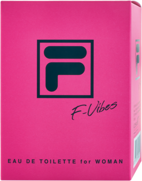 Różowe pudełko Fila F-Vibes Eau de Toilette dla kobiet, czarne logo, widok z przodu lekko pod kątem.