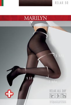 Marilyn RELAX 50 czarne rajstopy uciskowe na modelce, z zaznaczonymi strefami kompresji i symbolami zdrowia.