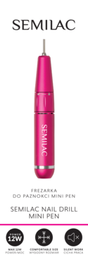 Różowa frezarka do paznokci Semilac Mini Pen o kształcie długopisu, z logo, na białym tle, widok z przodu.