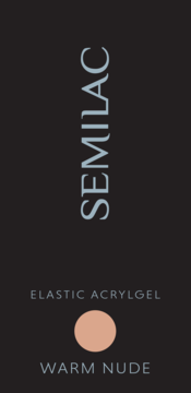 Semilac Elastic Acrylgel Warm Nude: pionowa etykieta z beżowym wzornikiem koloru na ciemnym tle.