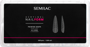 Semilac Acryloel Nailform górne formy szpic w przezroczystym pudełku z czarną etykietą, widok z góry.