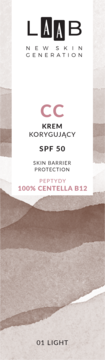 LAAB CC Krem Korygujący SPF 50 z Centellą B12, biała etykieta na brązowym tle, pionowy widok.