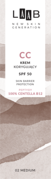 AA Laab CC krem korygujący SPF 50, odcień 02 Medium z Centellą B12, widok z przodu biało-brązowego opakowania.