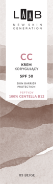 CC krem korygujący AA LAAB SPF 50, odcień 03 Beige, pionowo na beżowym tle z akwarelowymi wzorami.