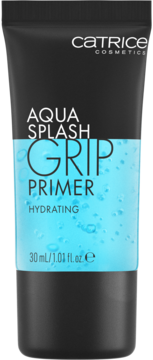 Catrice Aqua Splash Grip Primer, nawilżająca baza, czarna tuba z widocznym błękitnym żelem i bąbelkami, przód.