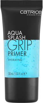 Catrice Aqua Splash Grip Primer, nawilżająca baza, czarna tuba z widocznym błękitnym żelem i bąbelkami, przód.
