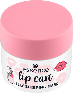 Essence Lip Care Jelly Sleeping Mask w białym słoiczku z różową zakrętką i grafiką truskawkowego shake'a.
