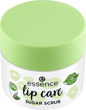 Peeling do ust Essence Sugar Scrub matcha w białym słoiczku z zieloną zakrętką, widok z przodu.