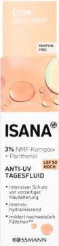 Isana Love Your Skin Anti-UV Tagesfluid SPF 50, białe opakowanie, parfum-frei, krople.