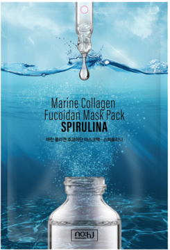 Niebieska maseczka w płachcie Marine Collagen Spirulina, wodne tło, kropla z ampułki, butelka.