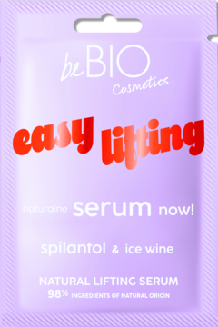 Fioletowa saszetka beBIO easy lifting serum ze spilantolem i lodowym winem, widok z przodu.
