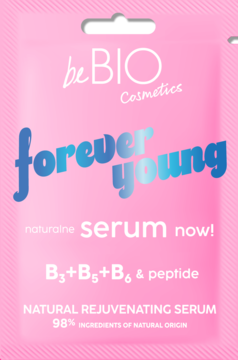 Różowa saszetka beBio Forever Young: naturalne serum odmładzające z witaminami B3, B5, B6 i peptydami. Widok z przodu.