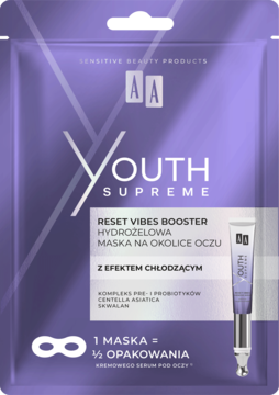 Fioletowa saszetka, maska hydrożelowa AA Youth Supreme Reset Vibes Booster pod oczy, z efektem chłodzenia, przód.