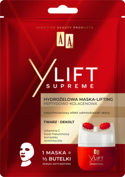 AA Y Lift Supreme, czerwona hydrożelowa maska-lifting peptydowo-kolagenowa do twarzy i dekoltu, widok przód.