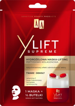 AA Y Lift Supreme, czerwona hydrożelowa maska-lifting peptydowo-kolagenowa do twarzy i dekoltu, widok przód.