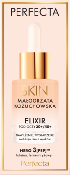 Perfecta Elixir pod oczy 30+/40+, nawilżająco-wygładzający z kofeiną, w szklanej butelce, widok z przodu.