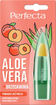 Odżywcza pomadka Perfecta Aloe Vera + Brzoskwinia, zielony sztyft, żółty balsam, na brzoskwiniowym tle.
