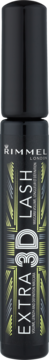 Czarna butelka tuszu Rimmel Extra 3D Lash z białym napisem i złotymi akcentami, widok z przodu.