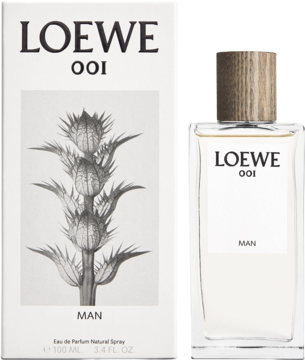 Woda perfumowana Loewe 001 Man, flakon z drewnianą nakrętką obok białego pudełka z grafiką, z przodu.