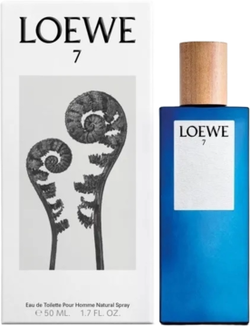 Loewe 7 Pour Homme męska woda toaletowa, niebieska butelka i białe pudełko z wzorem paproci, widok z przodu.
