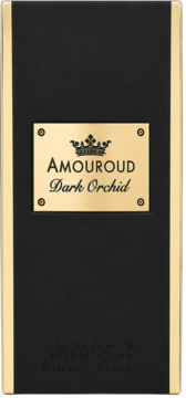 Czarne pudełko perfum Amouroud Dark Orchid ze złotymi detalami i etykietą, widok z przodu.