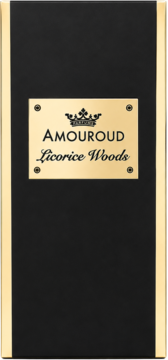 Amouroud Licorice Woods perfumy, czarne pudełko ze złotymi brzegami i etykietą z nazwą i koroną.