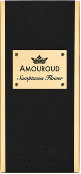 Czarne pudełko perfum Amouroud Sumptuous Flower, 100ml. Złota etykieta z koroną i napisem, front.
