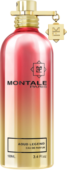 Montale Aoud Legend EDP, metaliczna butelka w gradientowym różu i złocie, z gold korkiem i zawieszką M, z przodu.