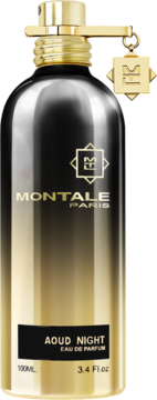 Montale Aoud Night EDP, ciemna metaliczno-złota butelka perfum z złotym korkiem i zawieszką, widok z przodu.