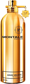Lśniący złoty flakon perfum Montale Aoud Velvet, z czarnymi etykietami i logo, widok z przodu.