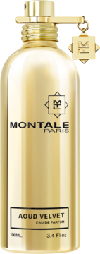 Montale Aoud Velvet Eau de Parfum, złota metaliczna butelka z czarną etykietą i złotym zawieszką, widok z przodu.