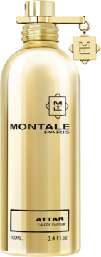 Złota metaliczna butelka perfum Montale Paris Attar 100ml, widok z przodu, z czarnym napisem i złotym logo.