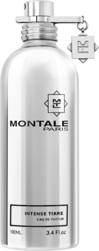 Srebrna metaliczna butelka Montale Intense Tiare Eau de Parfum, z logo, czarnymi napisami i zawieszką, widok z przodu.