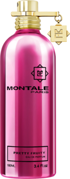 Różowa metaliczna butelka Montale Pretty Fruity 100ml, perfumy owocowo-kwiatowe, złoty korek, frontalny widok.