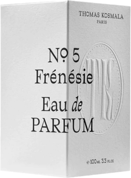 Białe, teksturowane, dzielone pudełko Thomas Kosmala No. 5 Frenesie Eau de Parfum, czarne napisy, widok z przodu.